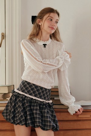 See through lace flared sleeve blouse