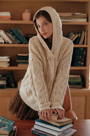 Apricot cable hooded cardigan