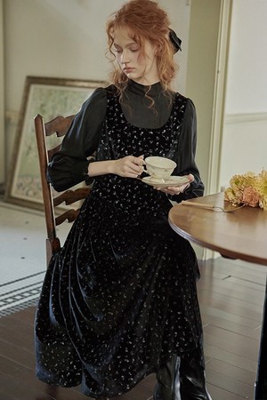 Floral velvet fake two-piece dress