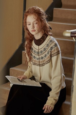 Fair isle round neck cardigan_2color