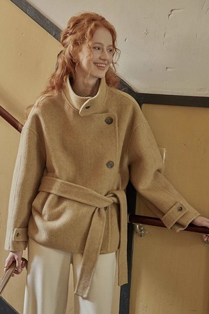 Stand collar belted short coat