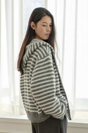Zipper hoodie stripes knit cardigan_GRAY