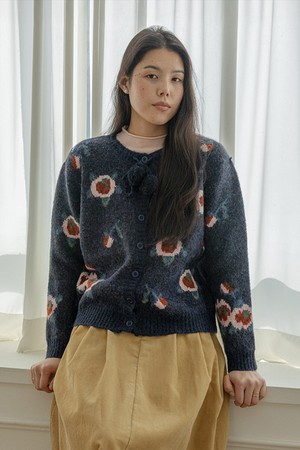 Flower pompom knit top_NAVY