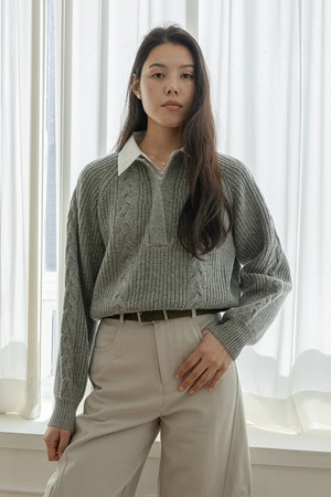 Fake two-piece shirt knit top_2color