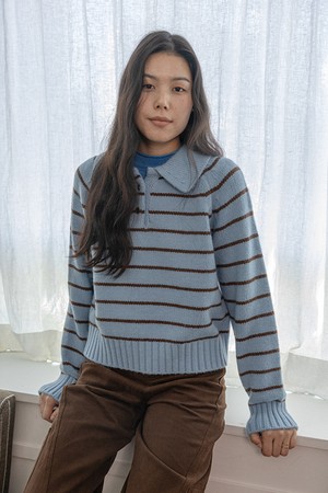 Lapel striped knit top_BLUE