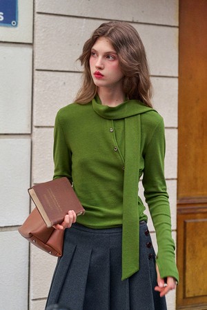 Diagonal long sleeve knit top_2color