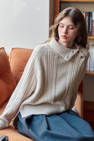 Placket turtleneck cable knit