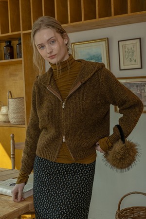 Zipper hoodie knit cardigan_KHAKI