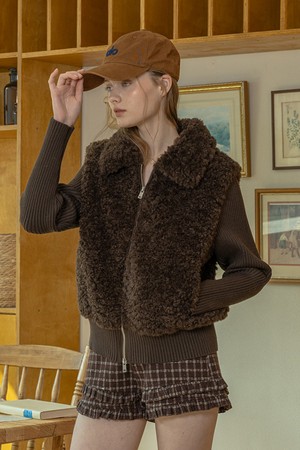 Plush knit patchwork jacket_DARK BROWN