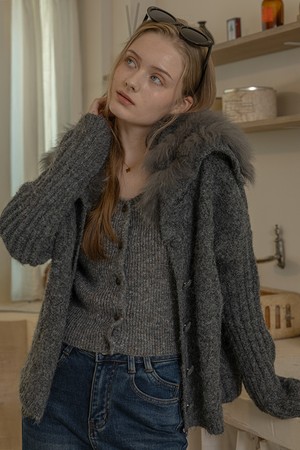Knit fur hoodie short coat_GRAY