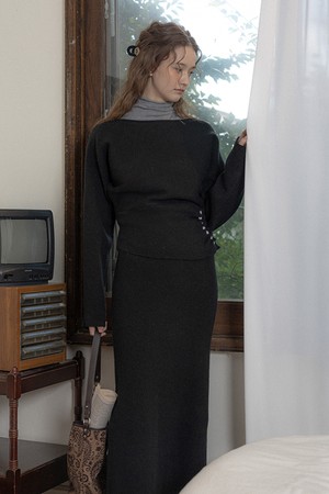 Slim-waist knit top and skirt set_BLACK