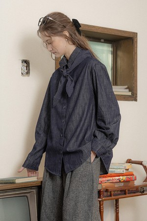 Denim shirt and scarf set_DARK BLUE