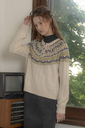 Colorblock pattern knit top_IVORY