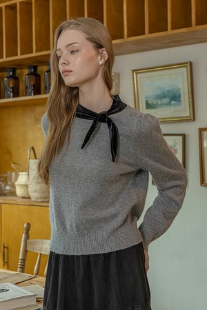 Velvet bow tie knit top_GRAY