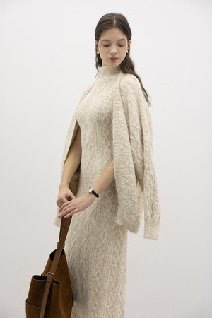 Fitted sleeveless knit dress and cardigan set_OATMEAL