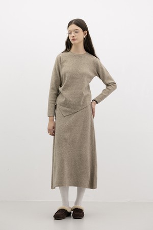 Drawstring waist knit top and skirt set_BEIGE