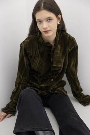 Velvet bow neck shirt_DARK GREEN