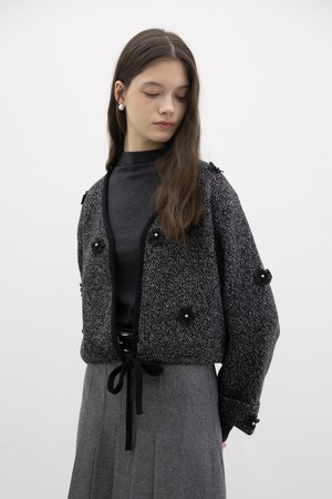 Drawstring petal knit cardigan_BLACK