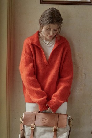 V-neck collar pullover sweater_2color