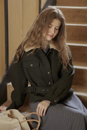 Fur lapel belted jacket