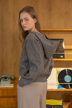 Fake two-piece knit hoodie top_GRAY