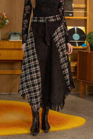 Plaid and velvet patchwork skirt_BLACK