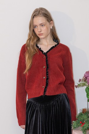 Velvet collar knit cardigan_RED