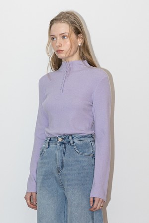 High-neck button knit long-sleeves top_PURPLE