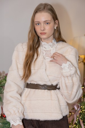 Elegant belt fur short coat_IVORY