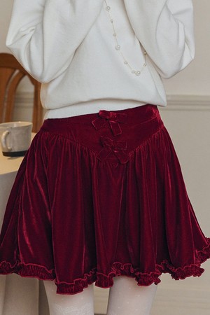 Bow ruffle velvet skirt