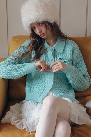 Bow cable lapel cardigan