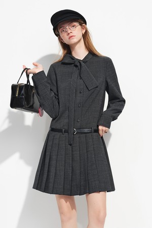 Ribbon pleated shirt dress