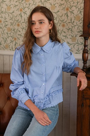 Ruffle collar puff sleeve shirt_BLUE