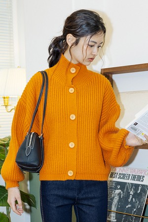 Ribbed high neck cardigan_ORANGE