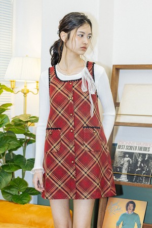 Plaid button mini dress_RED