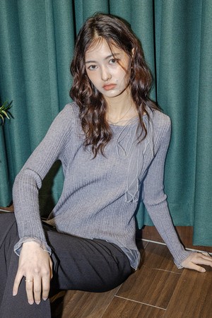 Mesh ribbon knit top_GRAY