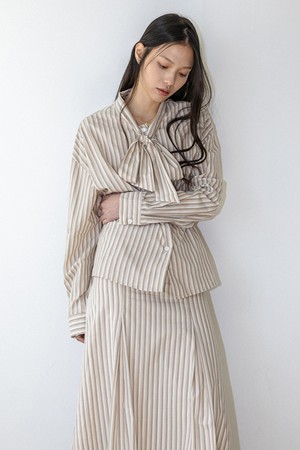 Stripe ribbon shirt and skirt two piece set_IVORY