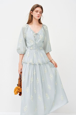 Floral shirring v-neck dress_2color