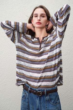 Stripe henley neck top_2color