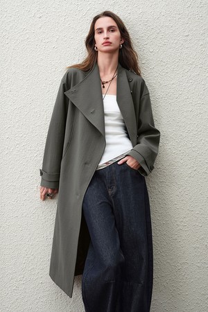 Collarless belted trench coat