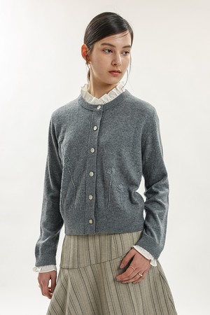 Frill neck knit cardigan_GRAY