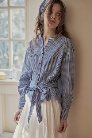 Belted check button blouse