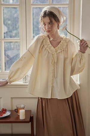 Embroidery ruffle v-neck blouse