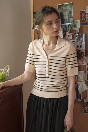 Striped collar neck top