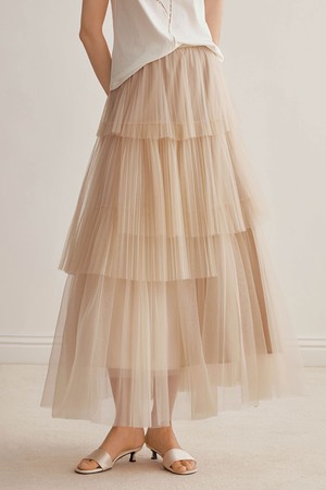 Pleated mesh cake skirt_2color