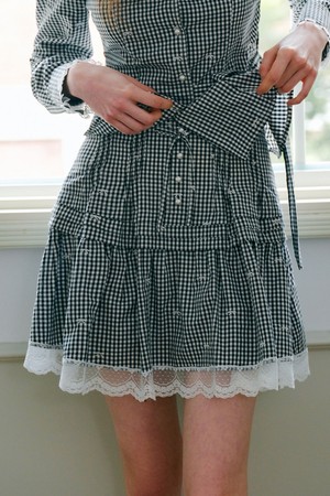 Check lace shirring skirt