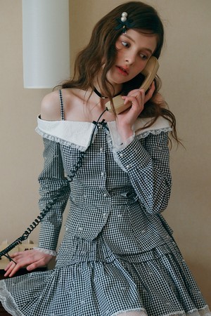 Check lace off-shoulder blouse