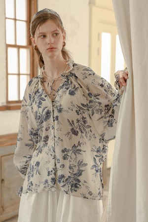 Floral pattern tie neck shirt_GRAY