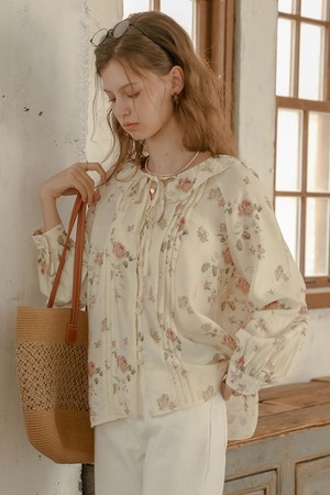 Floral ribbon tie pintuck shirt_IVORY