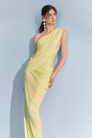 YY_Pleated slanted shoulder dress